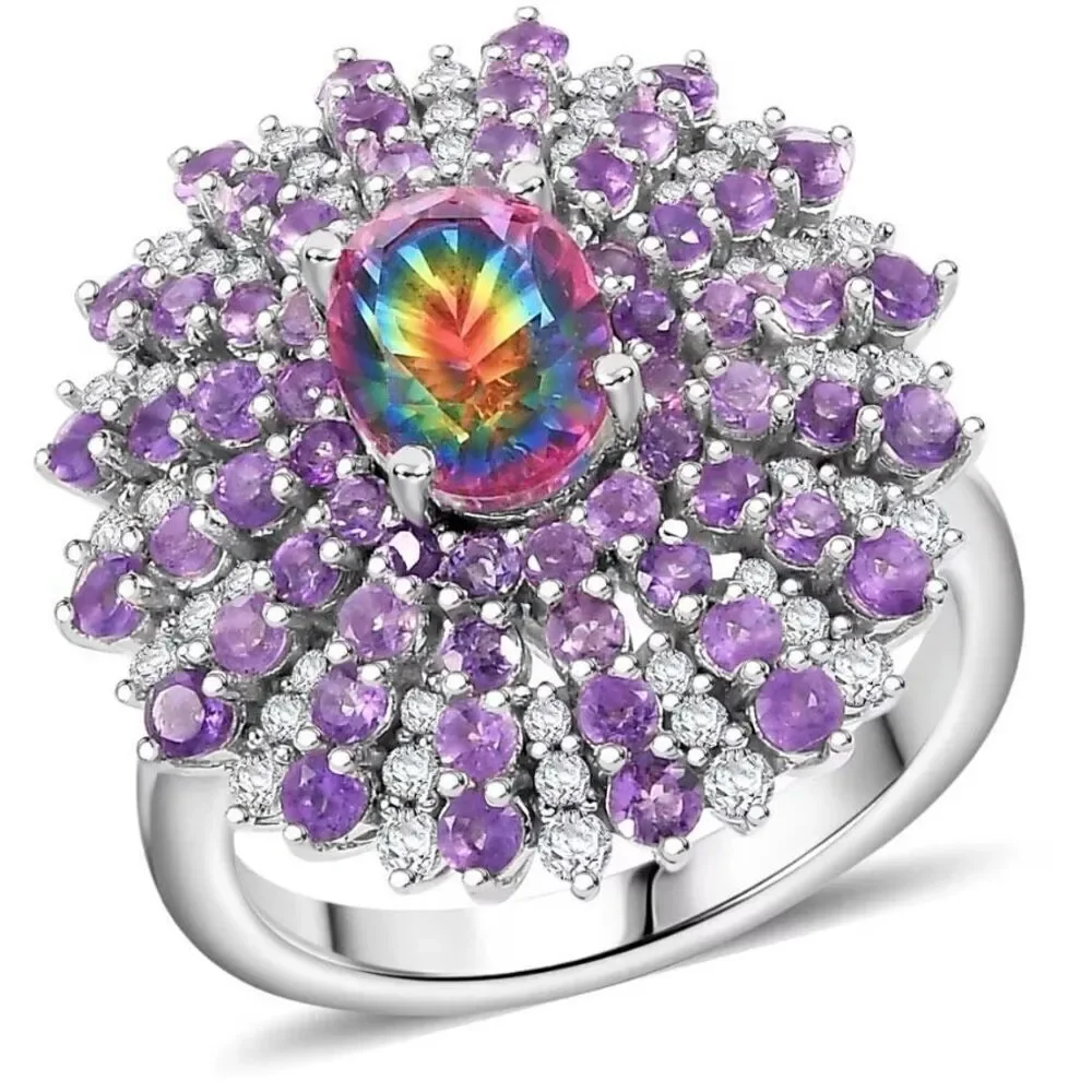 Nebula Quartz Doublet and Multi Gemstone 3.40 ctw Galactic Bloom Sterling Ring 7
